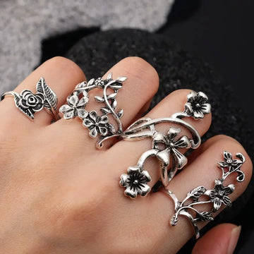 DAIIIBABYYY  -  4PCS/Set Forest Vine Leaf Flower Ring Vintage Punk Antique Carved Midi Finger Ring Women Bohemian Rings for Men Jewelry Gifts
